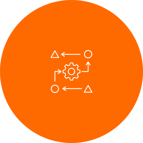 Gear flow with triangles and circles icon on orange circle